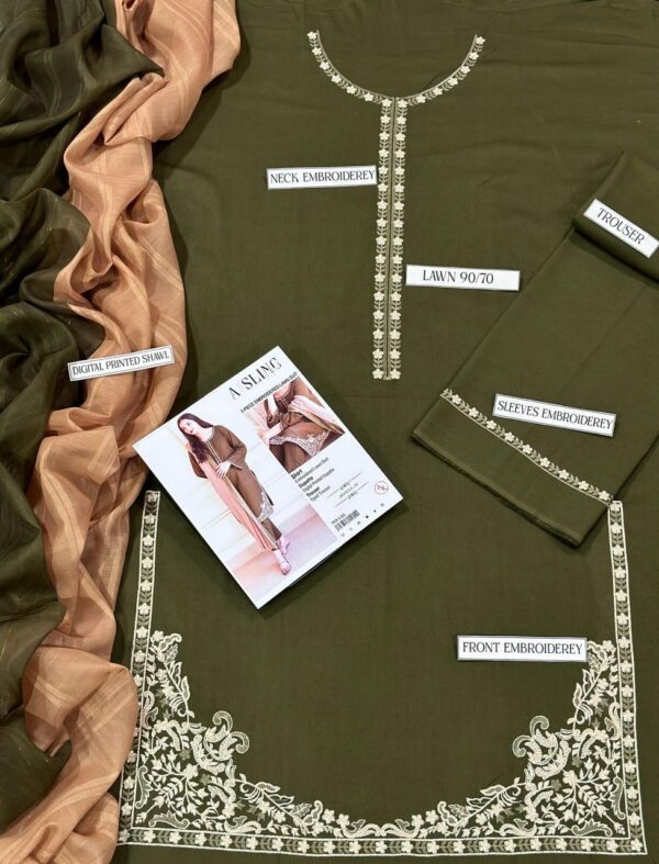 ASLING Pure Lawn Embroidered 3 Piece Suit with Diamond Print Dupatta - Image 23