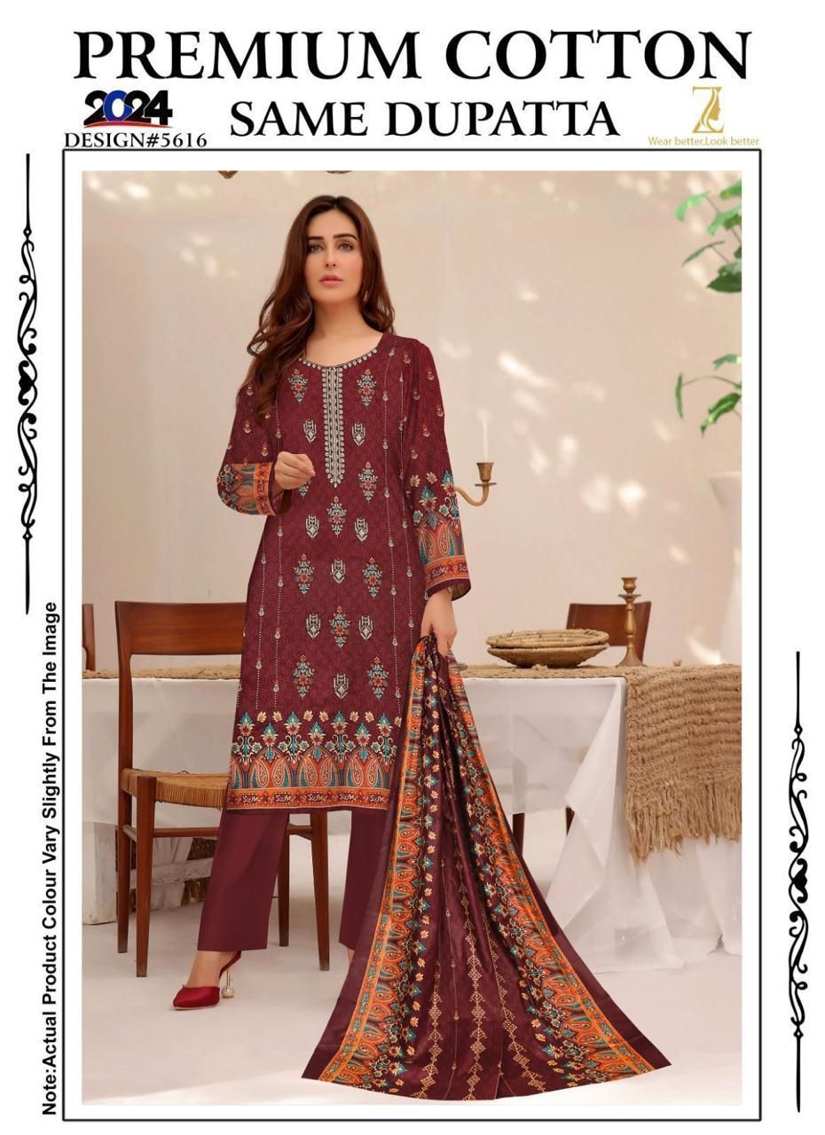 Premium Cambric Embroidered 3 Piece Suit with Dyed Trouser and Dupatta