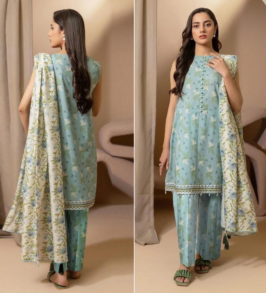 Shomi Digital Printed Lawn 3 Piece Suit with Dyed Trouser and Voil Dupatta