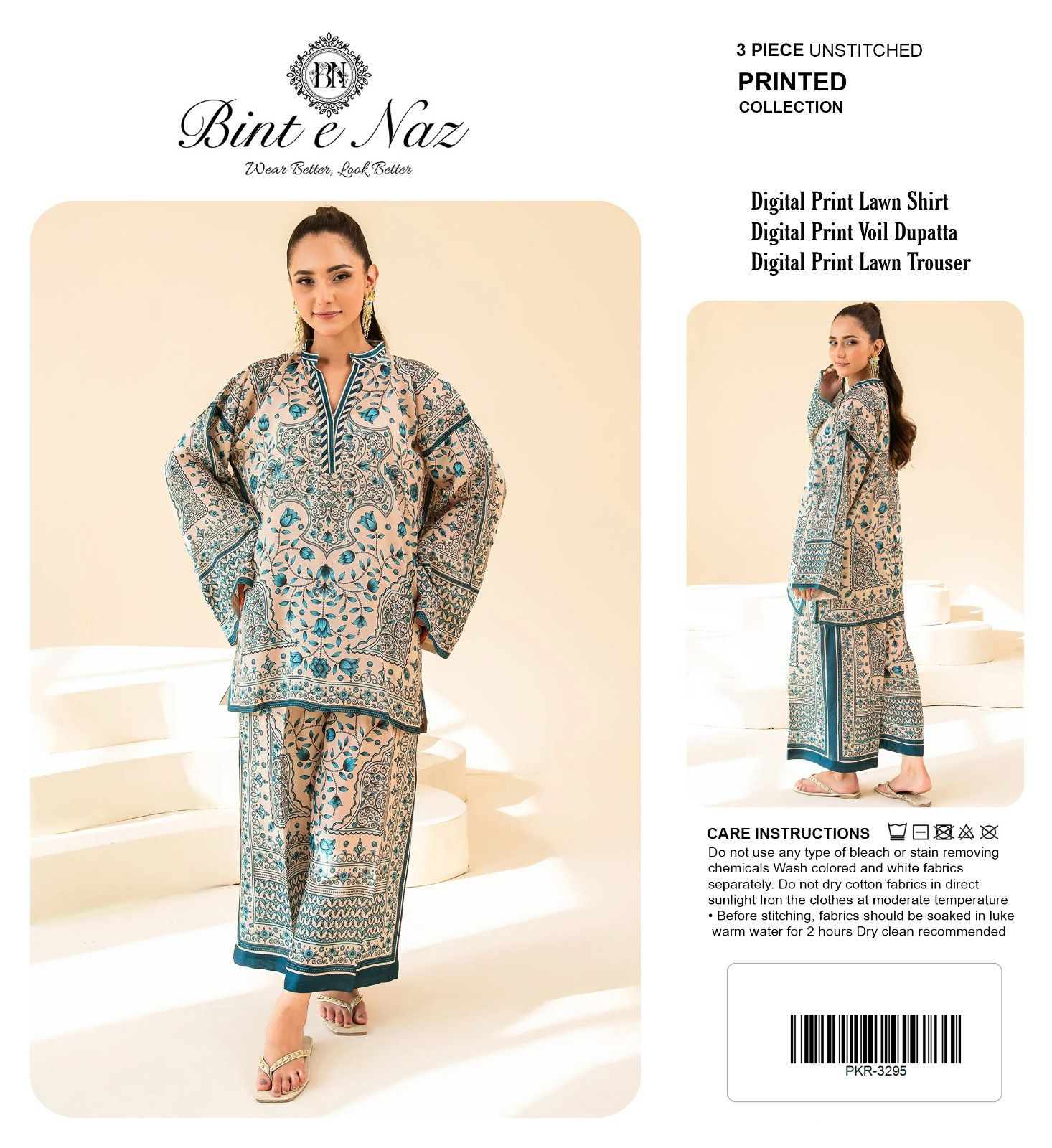 BINT-E-NAZ Digital Printed Co-Ord Lawn 3 Piece Suit with Voil Dupatta