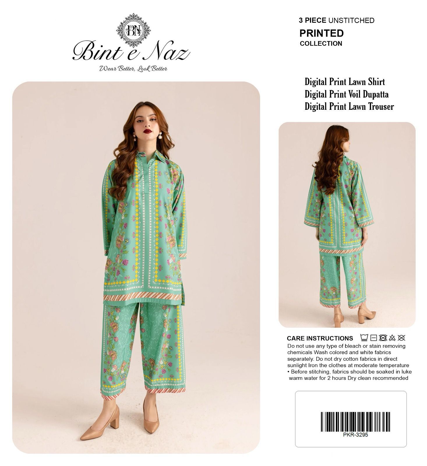BINT-E-NAZ Digital Printed Co-Ord Lawn 3 Piece Suit with Voil Dupatta