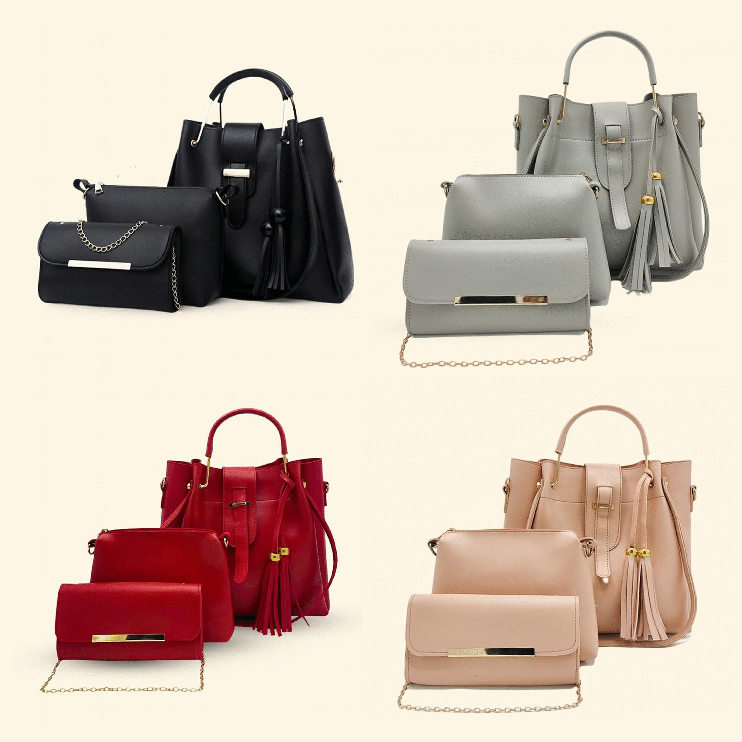 Elegant 3 Piece Ladies Synthetic Leather Handbag Set with Shoulder Strap