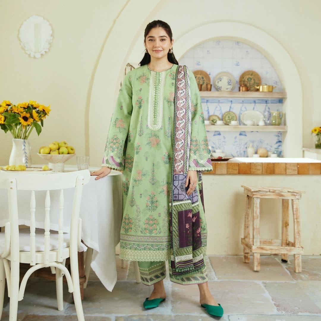 Stylish Green Embroidered Lawn Suit with Printed Voile Dupatta